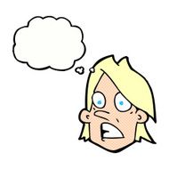 cartoon frightened face with thought bubble N10