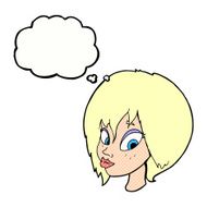 cartoon pretty female face pouting with thought bubble N10