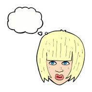cartoon annoyed girl with big hair thought bubble N10