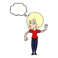 cartoon woman waving with thought bubble N317
