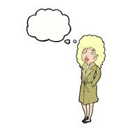 cartoon woman in trench coat with thought bubble N25