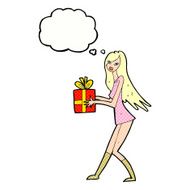 cartoon fashion girl with present thought bubble N9