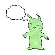 cartoon happy little alien with thought bubble N9
