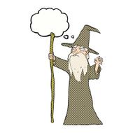 cartoon old wizard with thought bubble N10