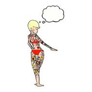 cartoon bikini girl covered in tattoos with thought bubble N10