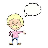 cartoon man making camp gesture with thought bubble N28