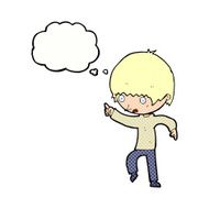 cartoon worried boy pointing with thought bubble N10