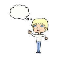 cartoon unhappy boy waving with thought bubble N6