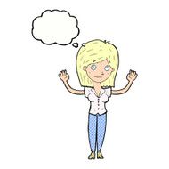 cartoon woman holding up hands with thought bubble N18