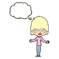 cartoon woman shrugging shoulders with thought bubble N459