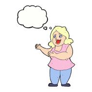 cartoon happy fat woman with thought bubble N6