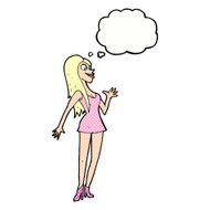cartoon woman in pink dress with thought bubble N10