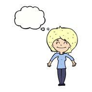 cartoon woman shrugging shoulders with thought bubble N461