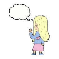 cartoon girl with pony shirt waving thought bubble N9