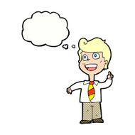 cartoon school boy raising hand with thought bubble N10