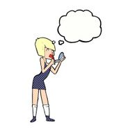 cartoon woman applying lipstick with thought bubble N10