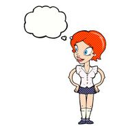 cartoon happy woman in short skirt with thought bubble N10