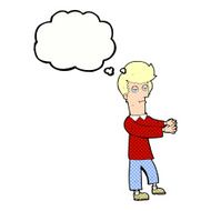 cartoon bored man showing the way with thought bubble N10