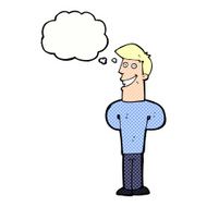 cartoon grinning man with thought bubble N84