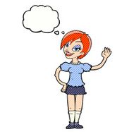 cartoon waving woman with thought bubble N135