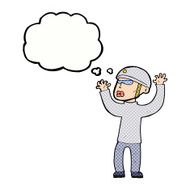 cartoon security man panicking with thought bubble N10