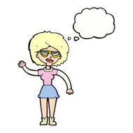 cartoon waving woman wearing spectacles with thought bubble N10