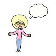 cartoon woman wearing spectacles with thought bubble N38