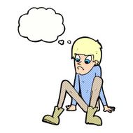 cartoon boy sitting on floor with thought bubble N10