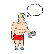 cartoon man lifting weights with thought bubble N10