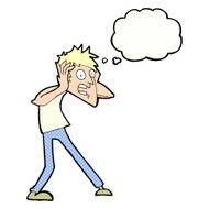 cartoon man panicking with thought bubble N51