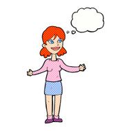 cartoon happy woman shrugging shoulders with thought bubble N19