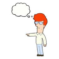 cartoon man in glasses pointing with thought bubble N10