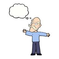 cartoon old man spreading arms wide with thought bubble N9
