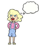cartoon woman in dungarees with thought bubble N6