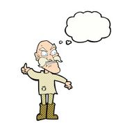 cartoon angry old man in patched clothing with thought bubble N9