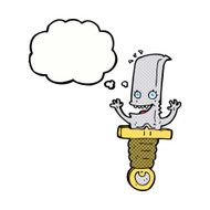 crazy cartoon knife character with thought bubble N10
