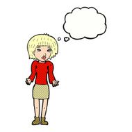 cartoon woman shrugging shoulders with thought bubble N463