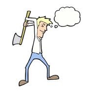 cartoon man swinging axe with thought bubble N10
