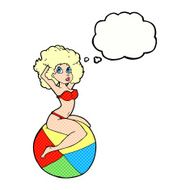 cartoon pin up girl sitting on ball with thought bubble N10
