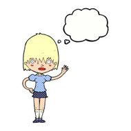 cartoon waving woman with thought bubble N136