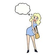 cartoon woman looking in handbag with thought bubble N10