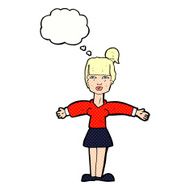 cartoon woman shrugging shoulders with thought bubble N465
