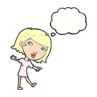 cartoon happy girl gesturing to follow with thought bubble N10