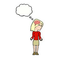 cartoon clever woman shrugging shoulders with thought bubble N10