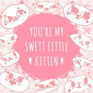 Funny doodle cartoon cats pink vector background and card