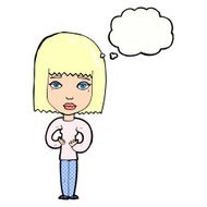 cartoon woman indicating self with thought bubble N10
