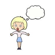 cartoon woman shrugging shoulders with thought bubble N466