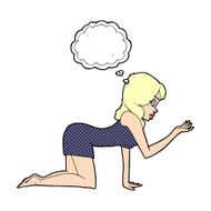 cartoon woman on all fours with thought bubble N19
