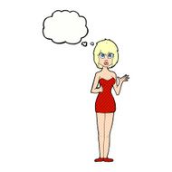 cartoon confused woman in cocktail dress with thought bubble N8