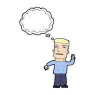 cartoon man giving peace sign with thought bubble N50